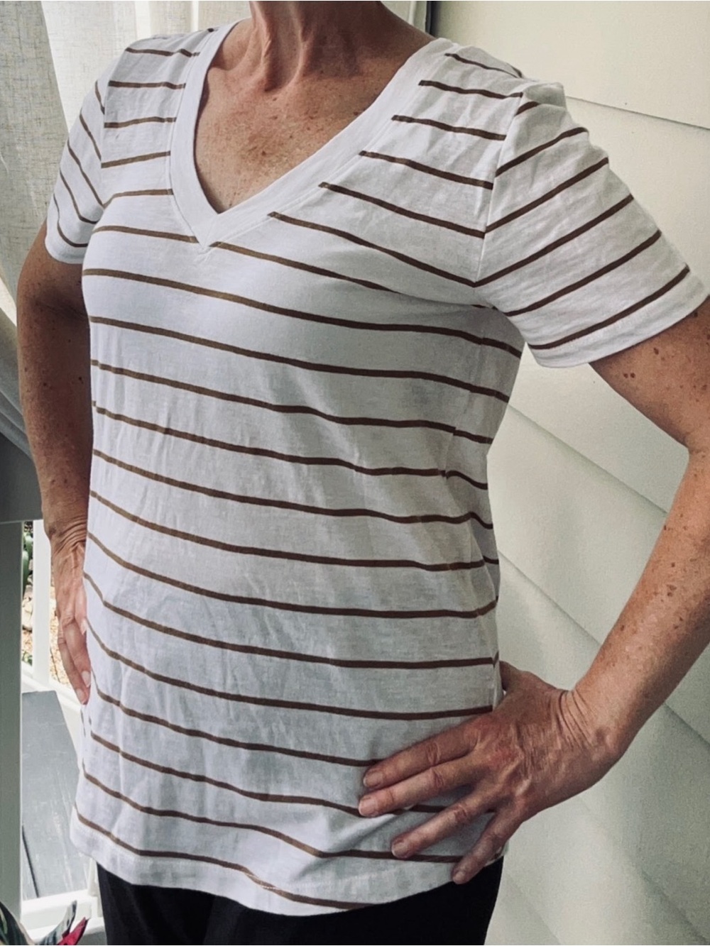 LOFT NWT White V-Neck Short Sleeve Tee with Brown Stripes